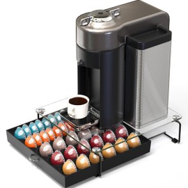 DecoBrothers Crystal Tempered Glass Vertuo Pod Holder Drawer, 30 Large or 60 Small Nespresso Capsule Organizer, Black