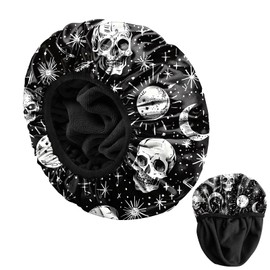 BHAHB Luxury Shower Cap Reusable Terry Cloth Lined EVA Triple Waterproof Layer Elastic Hair Bath Caps for Women Girls Cute (D5-Skull)