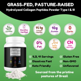 Halal & Grass Fed Collagen Peptides Powder 1 lb. 16oz Unflavored Hydrolyzed Collagen Peptides Powder Type I & Type III for Hair, Skin, Nails & Joints | Keto & Paleo Friendly | Sugar & Gluten Free