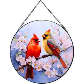 RIVEENY Cardinal Sun Catcher Stained Glass, Cardinal Gifts for Women, Stained Glass Window Hanging for Birds Lover, Red Birds Suncatchers for Windows