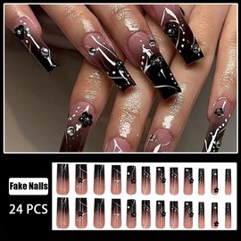 24Pcs Long Press on Nails Square Fake Nails Black Flowers Artificial False Nails Glitter Rhinestones Charms Glue on Nails Cool Style Punk Acrylic Nails for Women Daily Wear Stick on Nails Manicure