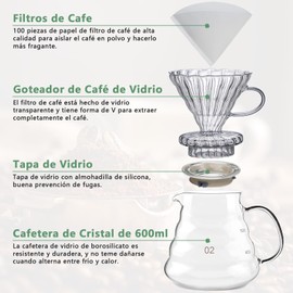 Cafetera Manual de Goteo, 600ml Cafetera De Vidrio Reutilizable, Gotero de café y Papel de Filtro, Tanto frío como caliente, para el Hogar, Oficina, Cafetería, Camping