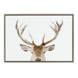 Kate and Laurel Sylvie Stag Peekaboo Framed Canvas Wall Art by Amy Peterson Art Studio, 23x33 Gray, Snowy Deer Portrait Art for Wall