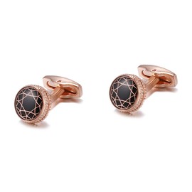 Rockyu Men's Rose Gold Cufflinks with Black Floral Pattern Round Stainless Steel Luxury European Style Business Accessories for Gentlemen