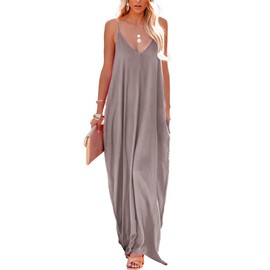 Poetsky Spaghetti Strap Dress for Women Deep V Neck Loose Beach Maxi Long Sundress (L, Khaki)