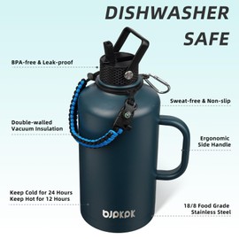BJPKPK 2/3 Gallon Water Bottle Insulated with Straw Lid, 50oz, 64oz, 87oz, 128oz Large, Stainless Steel Water Bottles with 3 Lids and Paracord Strap, Double Wall Vacuum Metal Water Jug,Navy Blue