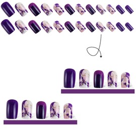 TBRZTR Press on Nails Medium Square Artificial Acrylic Nails with Purple Marbling Design False Nails Purple French False Nails Full Cover Reusable Glossy Coffin Nails Glue on Nails for Women 24Pcs