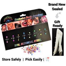 Vibrant Colourful Tongue Bars 19mm Stainless Steel Gift Pack Barbells Unisex Set - For Men Women Boys Girls Tongue Nipple Body Piercings - With Storage Display Stand & Holder - Ideal Gift Pack