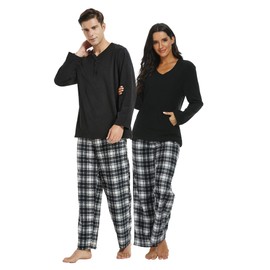U2SKIIN Mens Pajama Set, Plaid Pajamas for Men Long Sleeve Sleepwear Warm Pjs Set (Black/White-Black Plaid, 2XL)