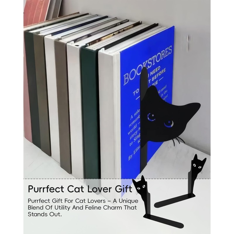 Metal Cat Bookends, 1 Pair Cute Cat Bookends for Shelves