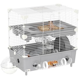 PawHut 2-Tier Hamster Cage, Small Animal Cage with Running Wheel, Tubes, Sand Bathroom, Water Bottle, Hamster Habitat with Accessories, 17.5" x 11" x 17", Gray