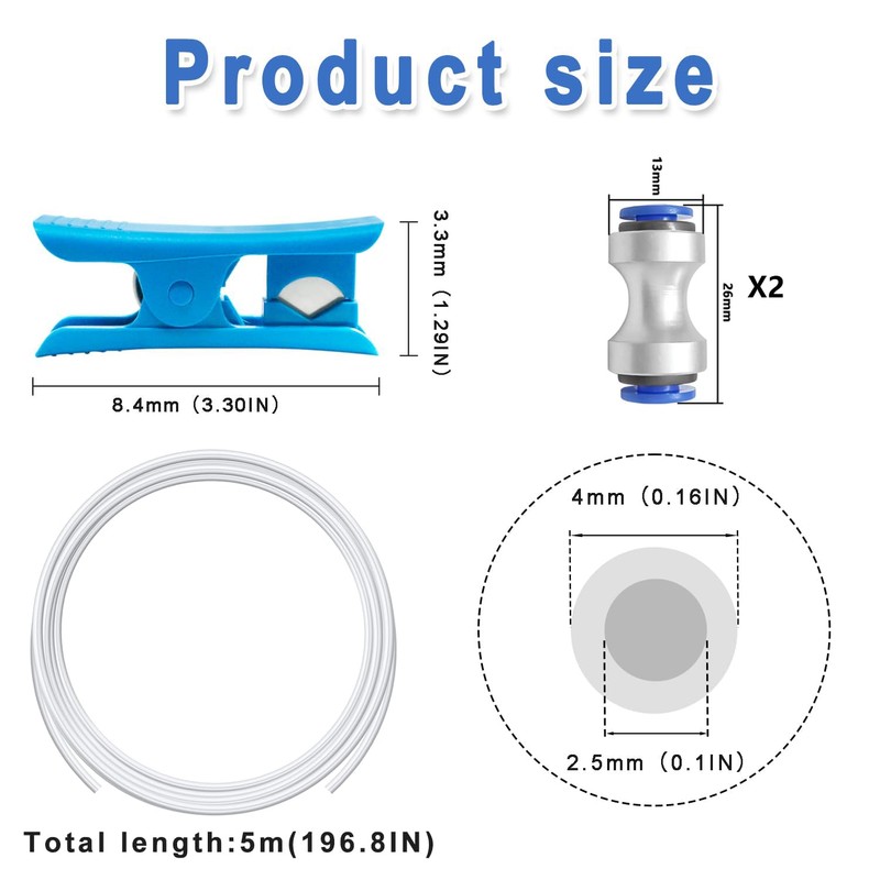 ACROSSXD 16.4ft(5M) PTFE Teflon Tube Kit,2pcs Teflon Feed Tube Connector，Tubing