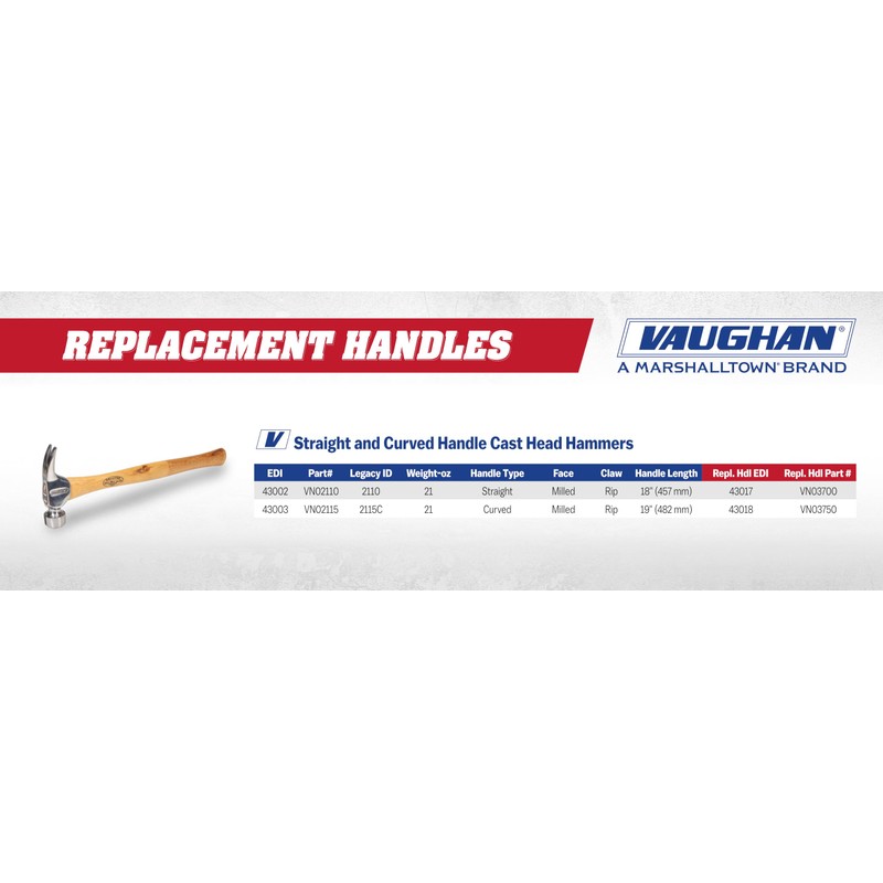 VAUGHAN DALLUGE Replacement Hammer Handle, Made In The USA, 3700,