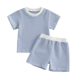 BeliBacca Baby Boy Girl Waffle Knit Shorts Set Contrast Color Crew Neck Shirt Top Jogger Shorts Set Toddler Kids 2pcs Summer Clothes (Light Blue, 2-3T)