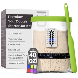 Premium Sourdough Starter Jar - 40oz Large Sourdough Jar with Marked Feeding Band, Thermometer, Scraper, Cloth Cover and Silicone Lid/Base, Wide Mouth Starter Kit - Green
