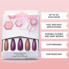 Allkem Berry Glam Press on Nails | Glossy Long coffin | 10 sizes - 20 pcs Ballerina Nail kit with Glue
