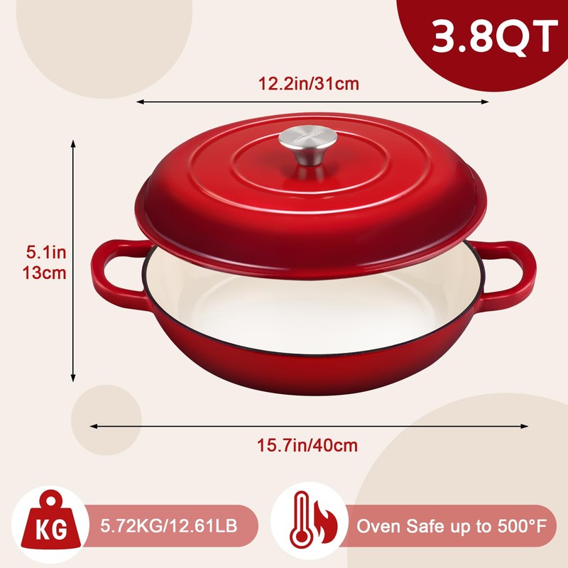 Overmont Enameled Cast Iron Dutch Oven - 3.8 Quart Dutch