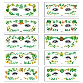ALIBBON 10 Pieces St Patricks Day Face Tattoos Saint Patricks Day Shamrock Temporary Tattoos Face Stickers Green Clover Tattoos for St. Patrick's Day Parade Irish Party Favors Supplies