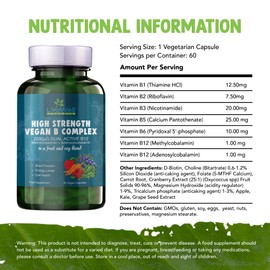 Vitamin B Complex Vegan High Strength Plant Based 60 Capsules Vitamin B12 Supplement B12 2000μg B9 Folate 400μg B7 Biotin 250μg B6 10mg B5 25mg B3 20mg B2 7.5mg B1 12.5mg with Choline Bitartrate