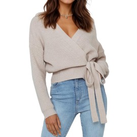 Women's V-Neck Wrap Sweater, Long Sleeve Ribbed Knit Top, Casual Cropped Pullover with Side Tie (US, Alpha, Small, Regular, Regular, Beige)