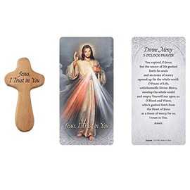 Autom Comfort Wooden Cross Hand-Held Prayer Cross with Prayer Card - Divine Mercy