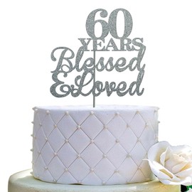 JIEEIN Decoración para tartas de 60 años de bendición y amada para 60 cumpleaños, decoración de fiesta de aniversario de boda, purpurina plateada de doble cara