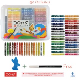 Doms 50 Assorted Colour Shades Oil Pastels - Rich Bright Smooth + iZOFAX Black Ball Pen