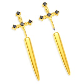 CHASELOV Gothic Earrings For Women, Sword Earrings, Goth Dagger Screw Back Earrings, Cool Mens Earrings, Fake Gauge Illusion Jewelry, Stainless Steel 18g Ear Jacket Earrings (Gold)
