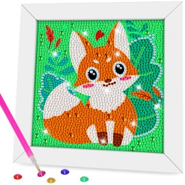 QEUOYSS Diamond Painting Kit for Kids with Wooden Frame Art and Crafts for Kids Ages 6-8 -10-12 Easy to DIY Diamond Art for Kids and Adult Beginners Home Wall Decoration (Fox)