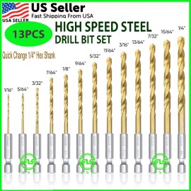 SNS 13PCS HSS Twist Drill Bit Set Metal Titanium 1/4" Hex Shank Kit QUICK RELEASE US