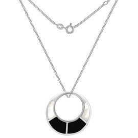 Tuscany Silver Women's Sterling Silver Round Cut Out White Mother of Pearl and Black Onyx Pendant on Adjustable Curb Chain Necklace of 41cm/16"-46cm/18"