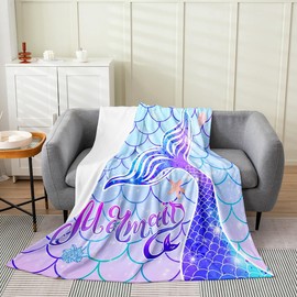 jejeloiu Mermaid Plush Blanket Twin 60"x80" for Boys Girls, Fish Scales Flannel Blanket Ocean Life Sea Animal Fuzzy Blanket Princess Decor All Season Bed Blanket