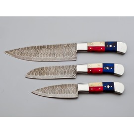 Professional Damascus Chef Knife Set 3 Pcs Custom Handmade Set with Leather Roll - Kitchen Cutlery Set for Home Cooks & Chefs - Ergonomic Texas Flag Handles - Includes Storage Roll