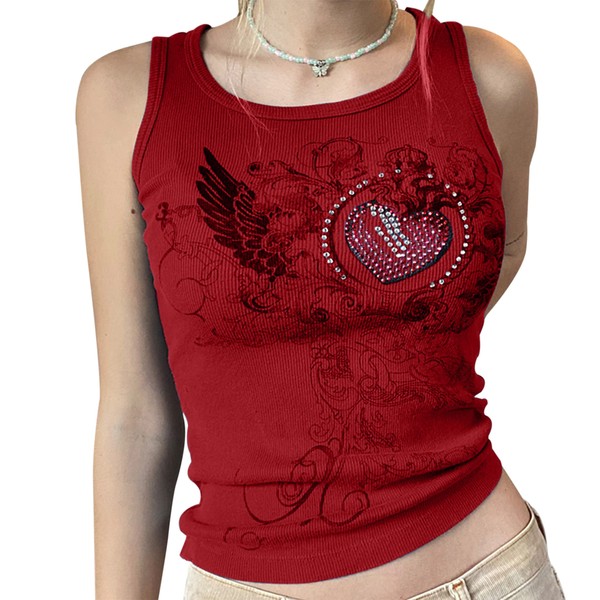 Meladyan Women Heart Rhinestone Graphic Print Sleeveless Crop Tank Ribbed