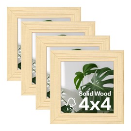 Egofine 4x4 Picture Frames Set of 4, Made of Solid Wood Covered by Plexiglass Display 4x4 for Table Top Display and Wall Mounting Photo Frame, Natural Wood