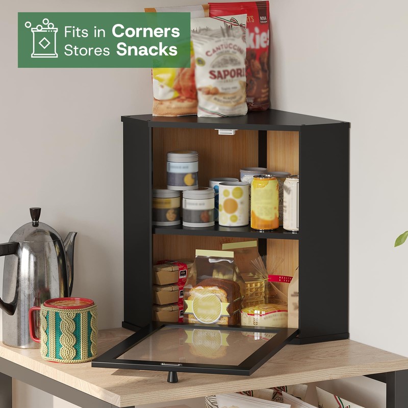 Black Corner Bread Box for Kitchen Countertop-Bamboo Wood 2-Tier