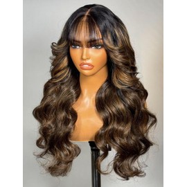 UNICE Balayage Highlight Fluffy Natural Loose Wave Curtain Bangs Wig Human Hair 7x5 Bye Bye Knots Lace Front Glueless Wigs Pre Plucked Pre Cut Natural Hairline 180% Density 18 inch