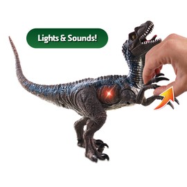 NKOK WowWorld B/O Velociraptor (Lights & Sounds), Realistic Reptile Roars by Rotating an arm, Red LED Lights in Mouth and Along Ribs, Articulated in Mouth, arms, Legs and Tail, Great Gift