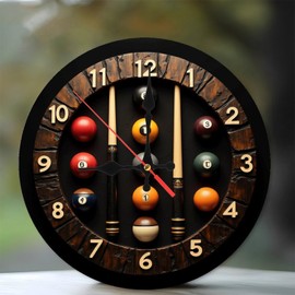 Lancholy Unique Billiard Clock Wall Decor，Wooden Pool Cue Clock 10-Inch Wooden Wall Clock, Silent Movement, Battery Operated (AA Batteries Not Included), Artistic Home Decor, Perfect for Home Accents