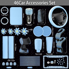 46 Pcs Bling Car Accessories Set for Women Leather Steering Wheel Cover Seat Belt Covers Diamond Rings Sticker Rhinestone Cup Holders USB Adapter Flower Air Vent Clip (Light Blue)