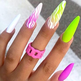 SINHOT Long Stiletto Press on Nails Almond Fake Nails Matte Glue on Nails Pink Acrylic Nails Green Swirl False Nails with Designs 24 pcs