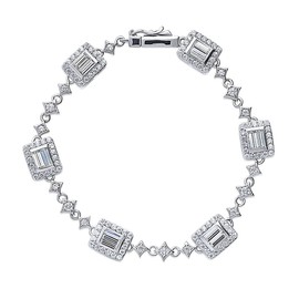 BERRICLE Sterling Silver Vintage Inspired Art Deco Cubic Zirconia CZ Fashion Chain Bracelet for Women, Rhodium Plated, 7 inch