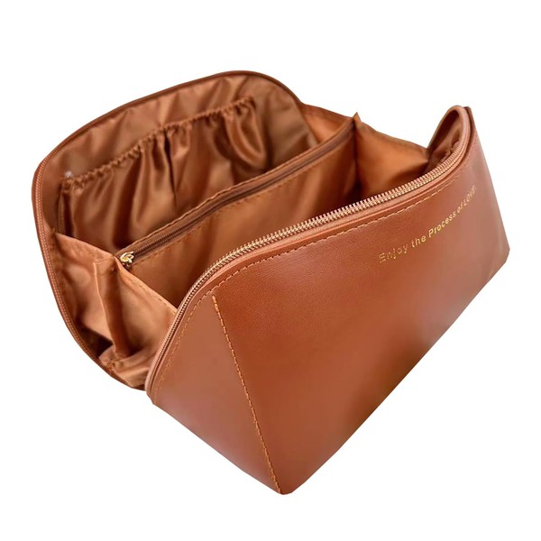 yooyun Large Capacity Travel Cosmetic Bag,Large Opening Leather Cosmetic Bags with Handle and Divider, Portable Waterproof Toiletry Bags for Traveling (Brown)