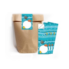 12 Gift Bags (Natural) + 12 Stickers Fish for Party Bags Guest Gift for Children's Birthday Boys Girls