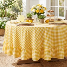 PartyDelight Gingham Ruffled Tablecloth Round Butter Yellow/White 100% Washed Cotton Dia.70 in Plaid Checkered Circular Table Cover for Farmhouse Kitchen Cute Cottagecore Birthday Party Decor