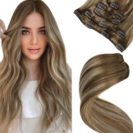 LaaVoo Clip-In Real Hair Extensions, Balayage Blonde, Remy Extensions, Ombre Light Brown to Platinum Blonde, Natural Hair Extensions, 5 Pieces, 70 g, 45 cm, #8/60/8