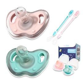 Chupón de Silicón Flexible para Bebé, Chupete con Mamila Anatómica, incluye 2 piezas con sujetador y Estuche de viaje Antibacterias, Libre de BPA, 0 a 18 meses (Rosa/Verde)