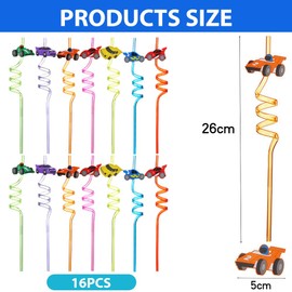 Car Curly Hard Straws, 16PCS Car Reusable Drinking Straws Washable Twisty Plastic Novelty Straw Cartoon Curly Straw Birthday Party Decorations for Family Gatherings,Juices and Smoothies