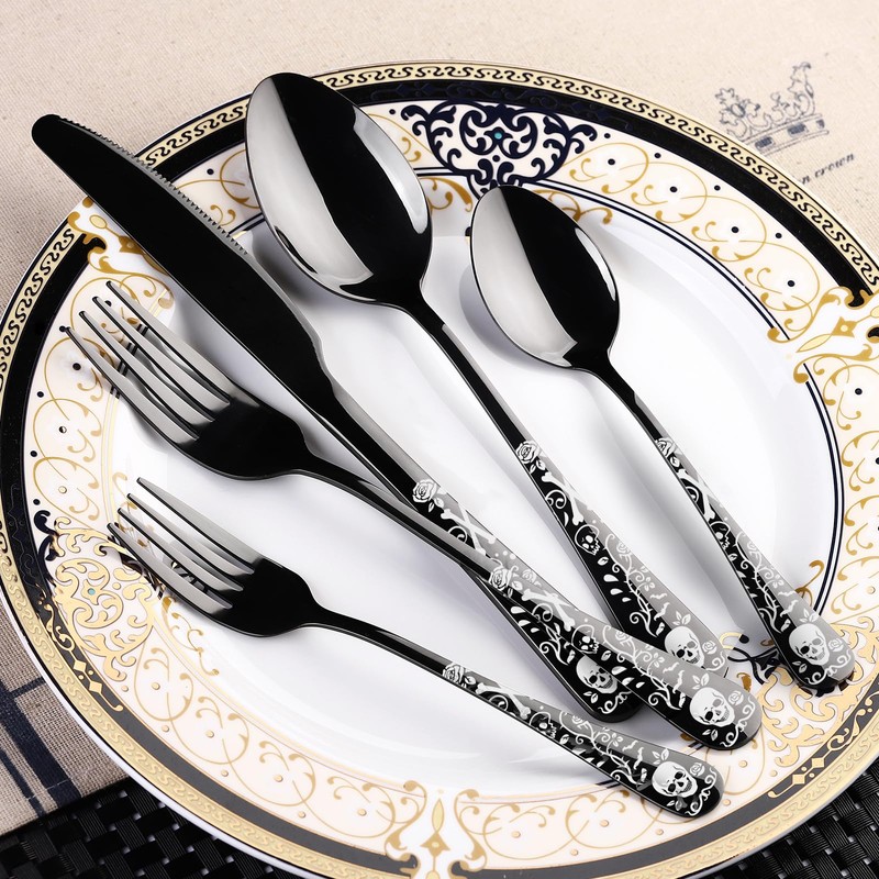 40-Piece Black Skull Silverware Set for 8, Flatware Set Stainless