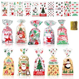 Christmas Bags [10 Patterns 100 Pieces with 100 Ribbons] Christmas Wrapping Bags Transparent Christmas Candy Portion Bags Gift Bags Candy Bags Christmas Character Wrapping Supplies Cute